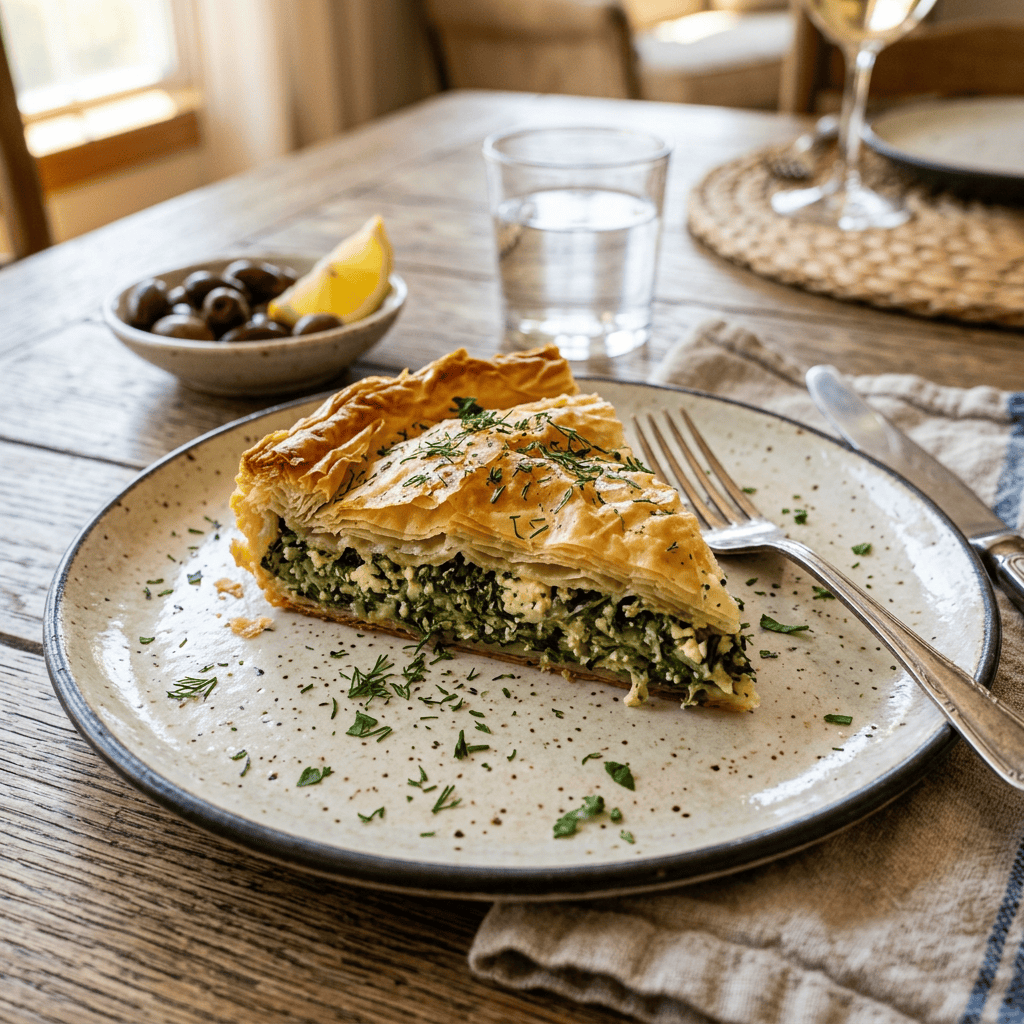 Slice of spinach and feta pie garnished with fresh herbs on a ceramic plate