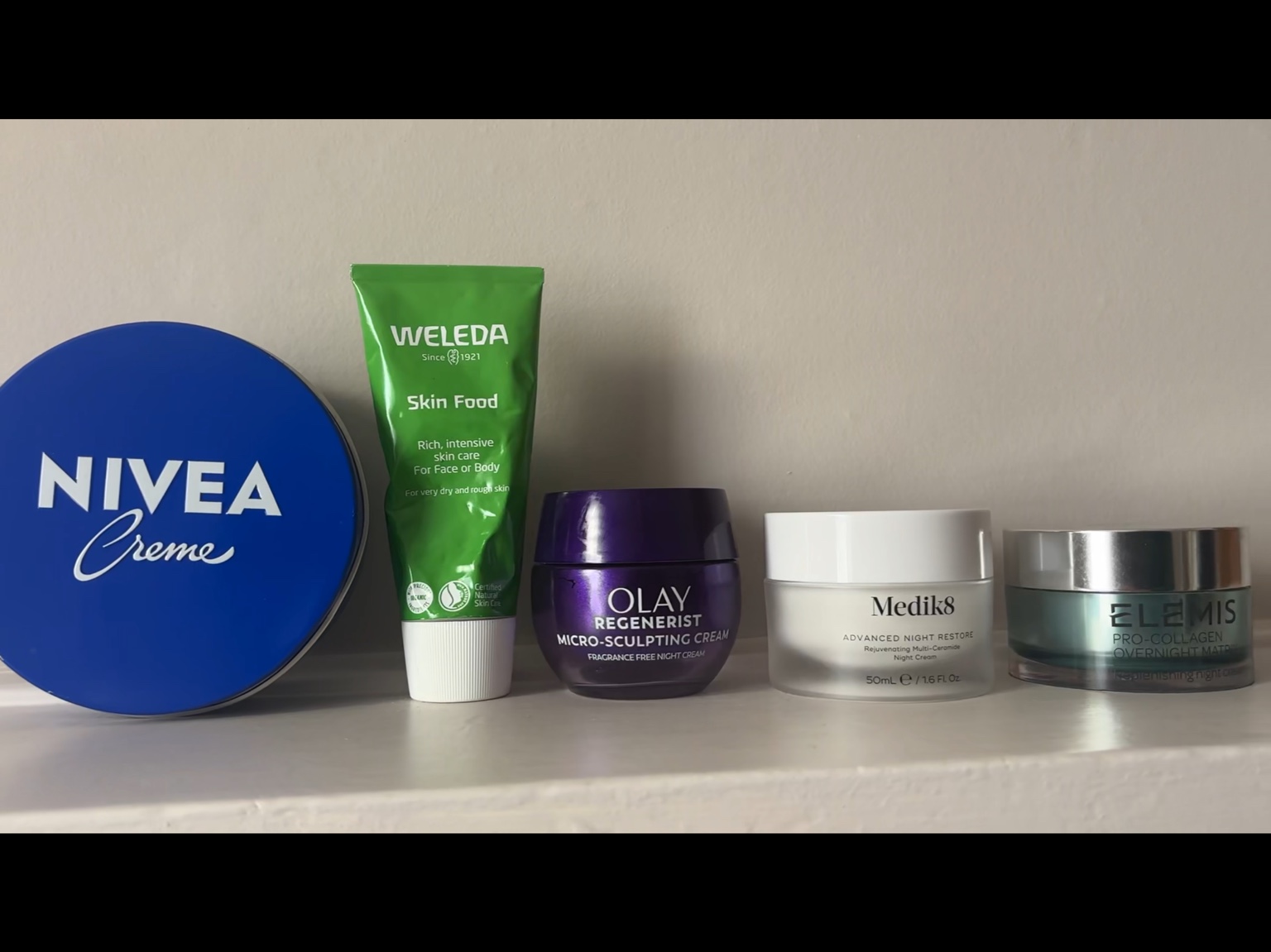 Nivea Creme, Weleda Skin Food, Olay Regenerist, Medik8 Advanced Night Restore and Elemis Overnight Matrix together