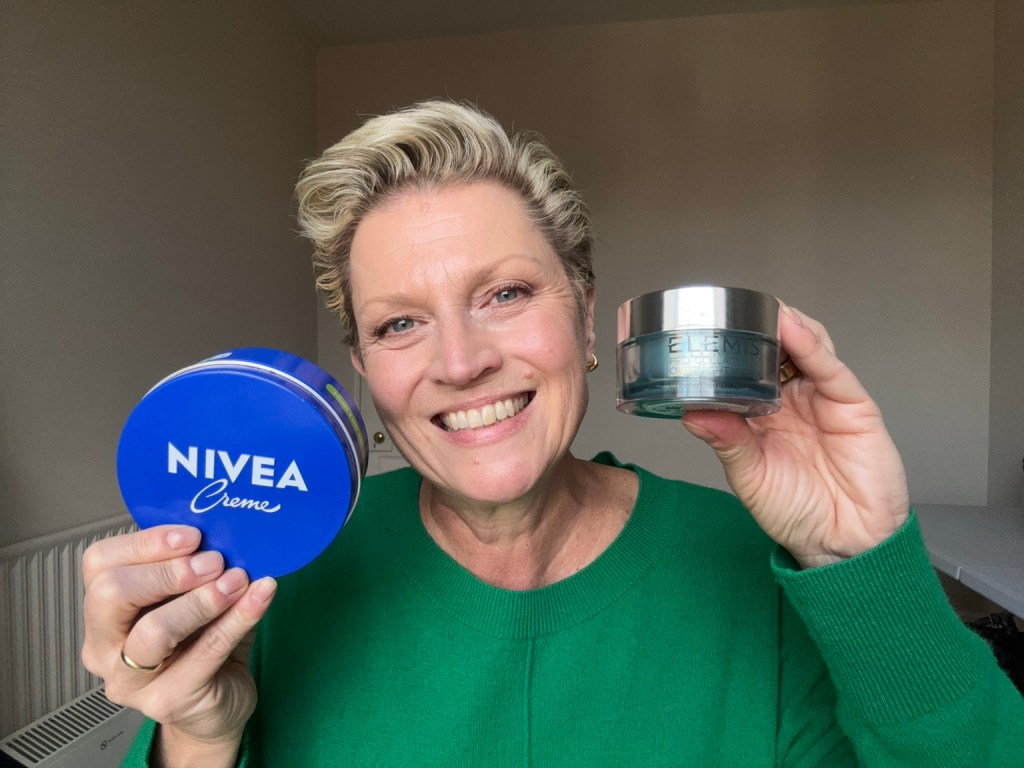 Susy holding Nivea Creme and Elemis Pro-Collagen Overnight Matrix for a night cream comparison